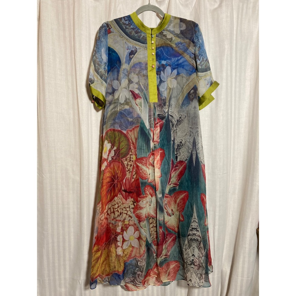 100% Silk Floral Print Midi Dress XXL Sheer Art Nouveau Green Trim Artsy *Flawed